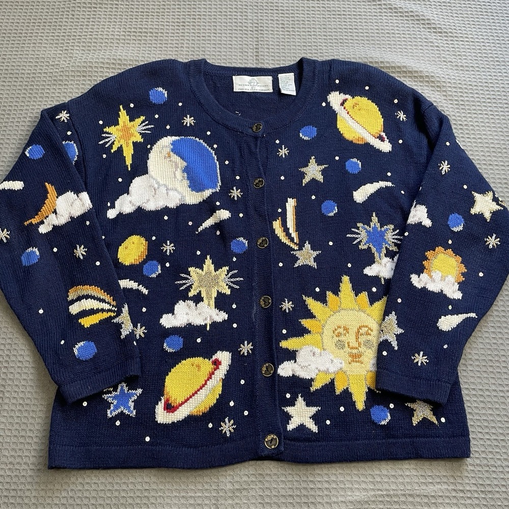 Design Options Celestial Sun Moon Stars Cardigan Sweater Large Womens Navy Blue